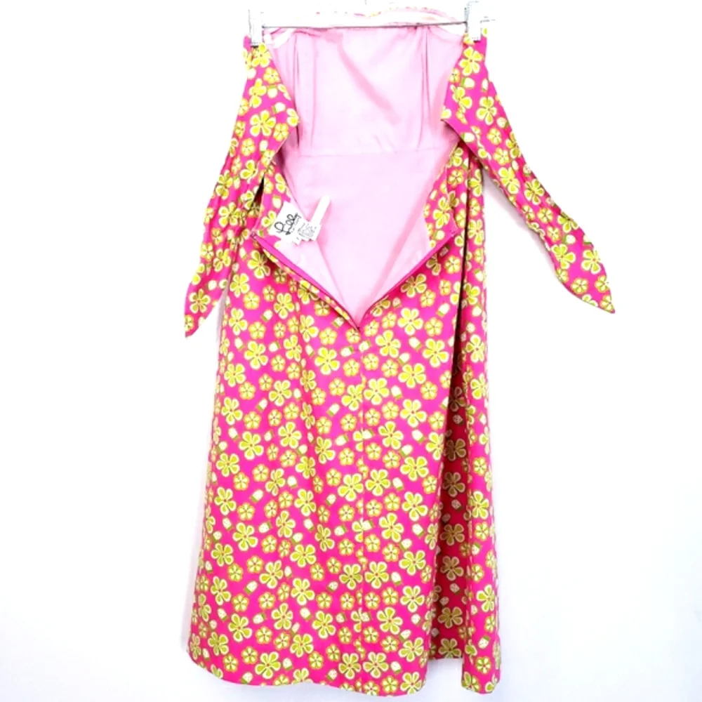 Vintage Lilly Pulitzer Strapless Lip Pink Dunebuggy Floral w/Ladybugs Midi Dress - Picture 10 of 14